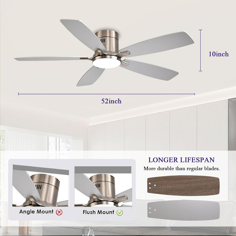52 Inch Ceiling Fans with Lights, Flush Mount Ceiling Fan with Light and Remote/ gallery