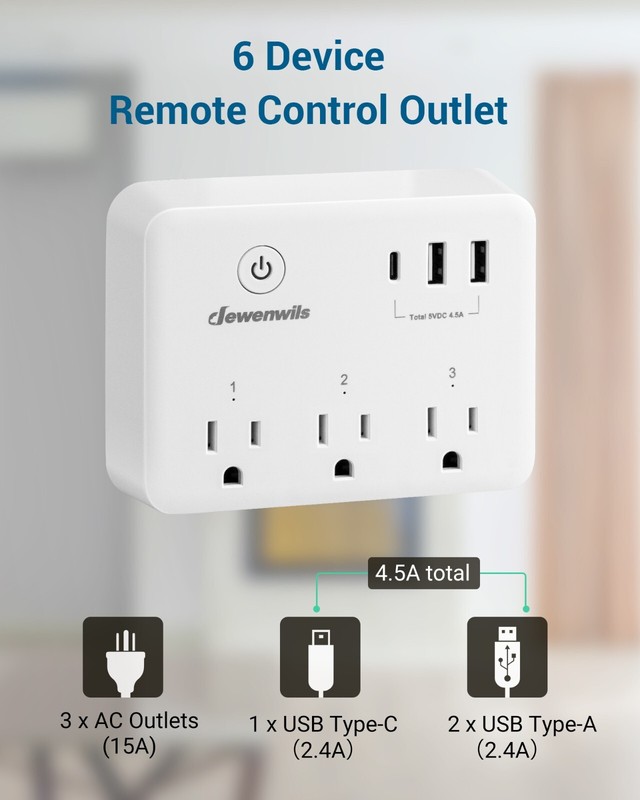 DEWENWILS 6 Device Remote Control Outlet Plug-in USB Outlet 125V/15A/1875W 100FT gallery