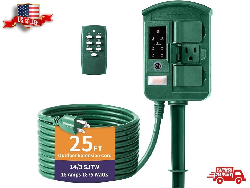 Outdoor Power Stake Timer Extension Cord Waterproof 6 Outlets Remote Control 25'
