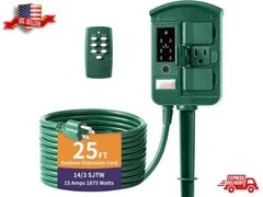 Outdoor Power Stake Timer Extension Cord Waterproof 6 Outlets Remote Control 25′