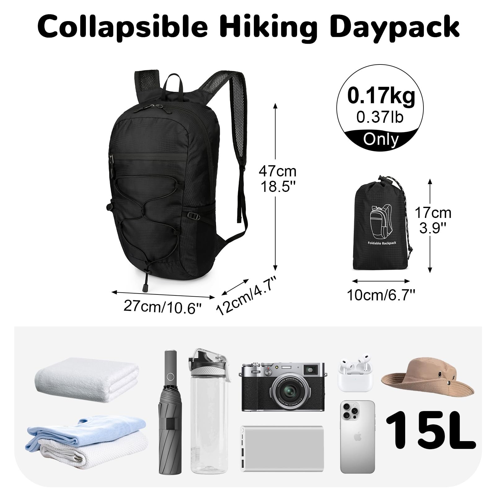 Small Foldable Nylon Hiking Backpack For Men Ultralight Collapsible Black 2