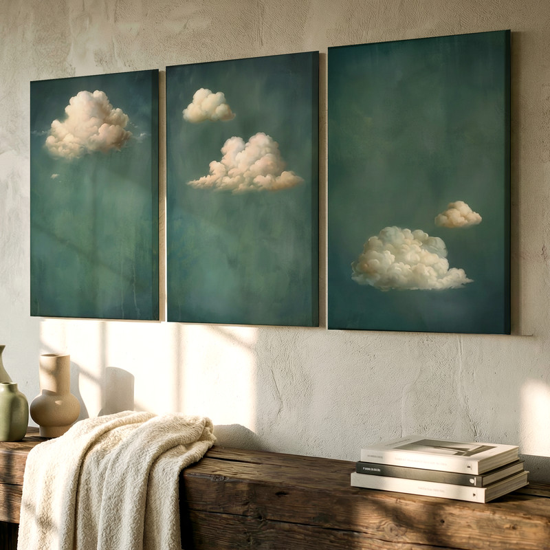 3 Pieces Dreamy Cloudscape Soft Green Background Large Wall Art for Set Of 3 gallery