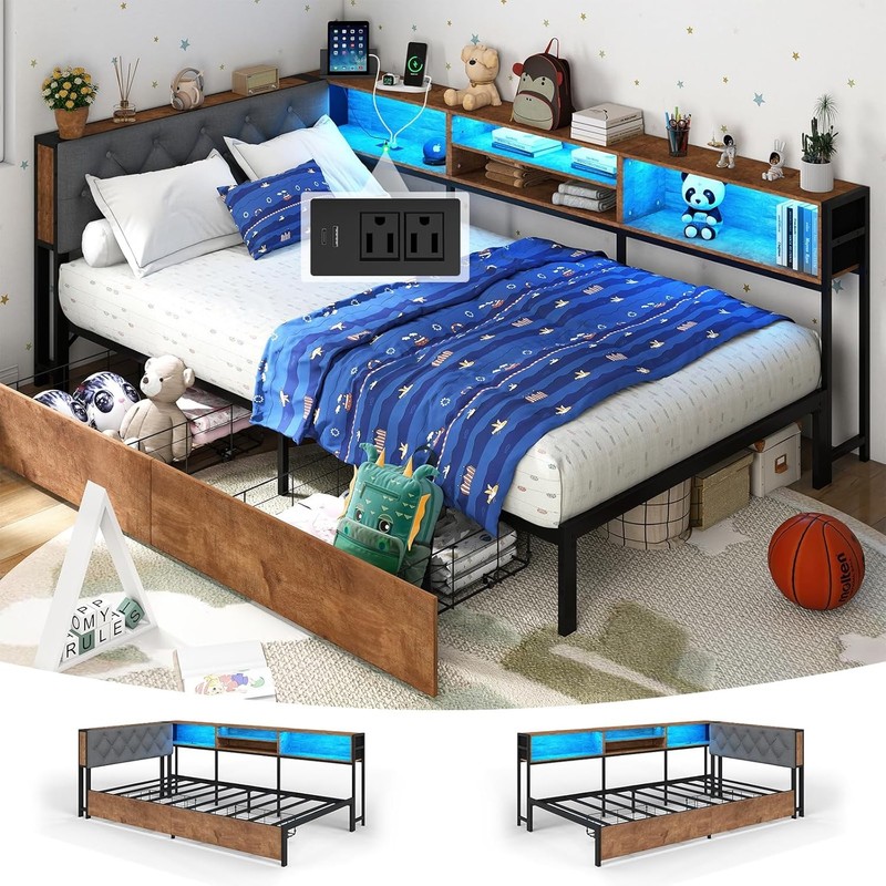 Corner Bed Frame with Storage Bookcase Twin / XL Daybed Kids Bed with Charging gallery