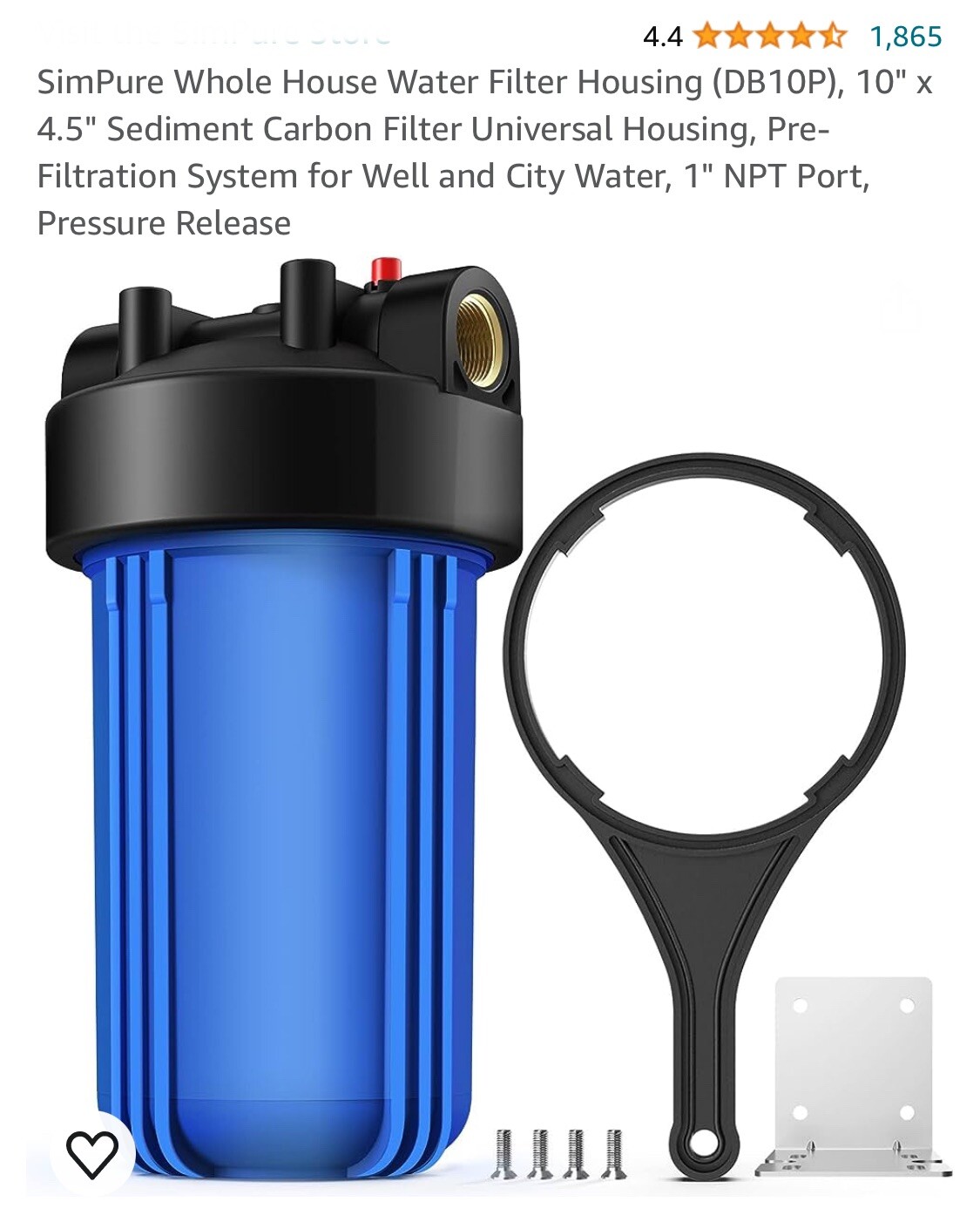 SimPure Whole House Water Filter Housing (DB10P), 10" x 4.5" 1045-Blue gallery