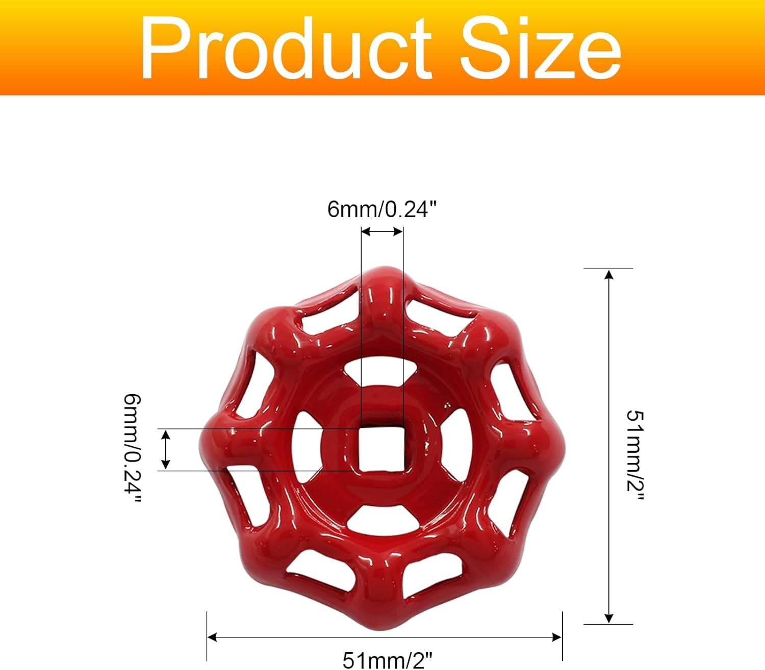2Pcs Red Round Wheel Handle Hose Bib 6x6mm Iron Outside 6x6mm, gallery
