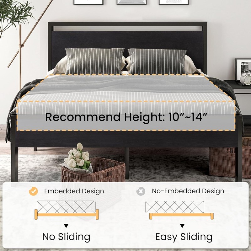 SHA CERLIN 14" Queen Metal Platform Bed Frame Wood Headboard Black Oak gallery