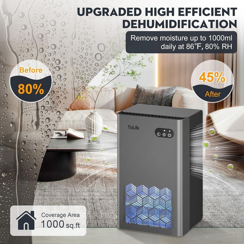 Energy-Efficient 1000 sq.ft Dehumidifier, 95oz Tank - Grey gallery