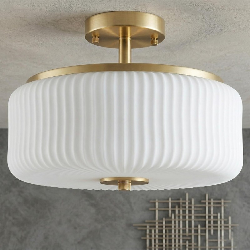 3-Light Gold Semi Flush Mount Ceiling Light 11.8" Fixture Ribbed Glass Shade gallery