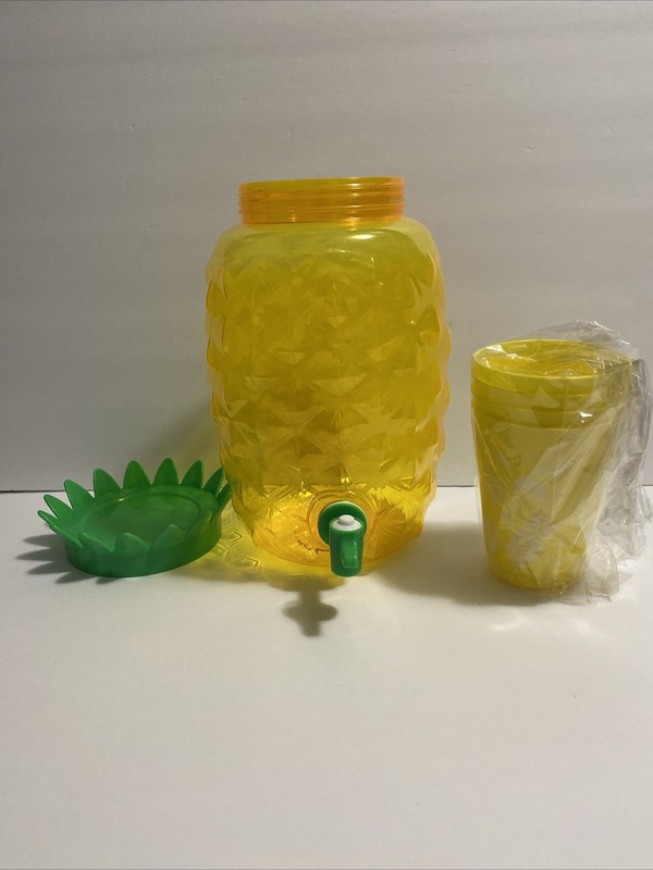Pineapple Shaped Dispenser Plastic Jug Yellow Green Lid and Spout Tropical 5 Pcs gallery