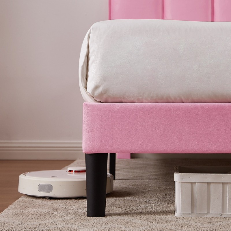 Vecelo Upholstered Platform Full Queen Bed Frame with Headboard Wooden Slat Pink gallery