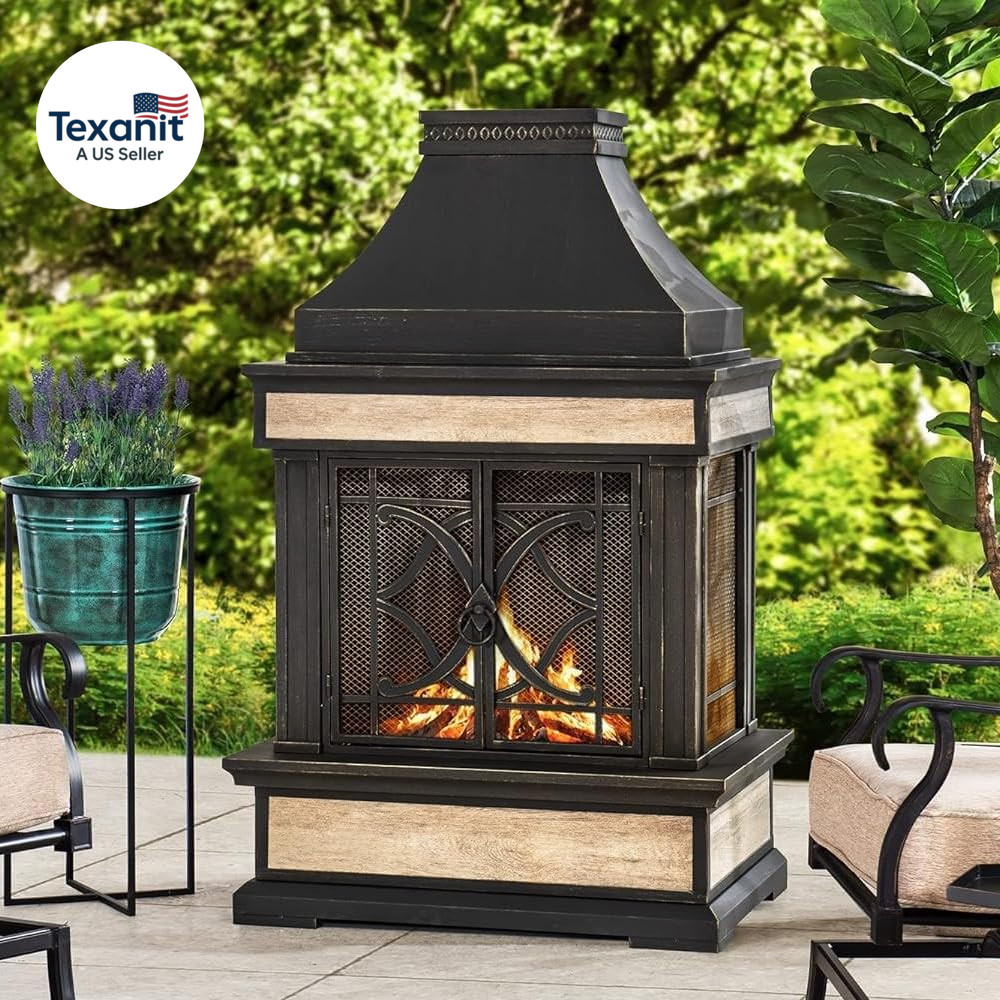 Outdoor Fireplace, Stone Look Tile Patio Wood Burning Steel Fireplace with Chimn gallery