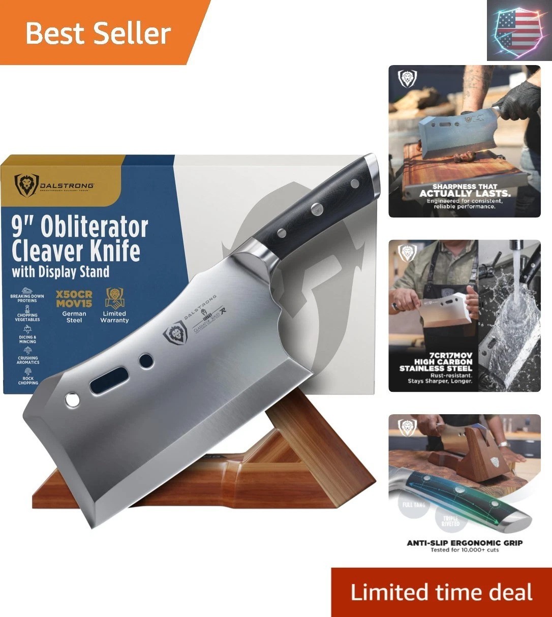 Obliterator Meat Cleaver Knife 9 inch - Wood Stand & Sheath - 3lbs 6mm Thick ... gallery