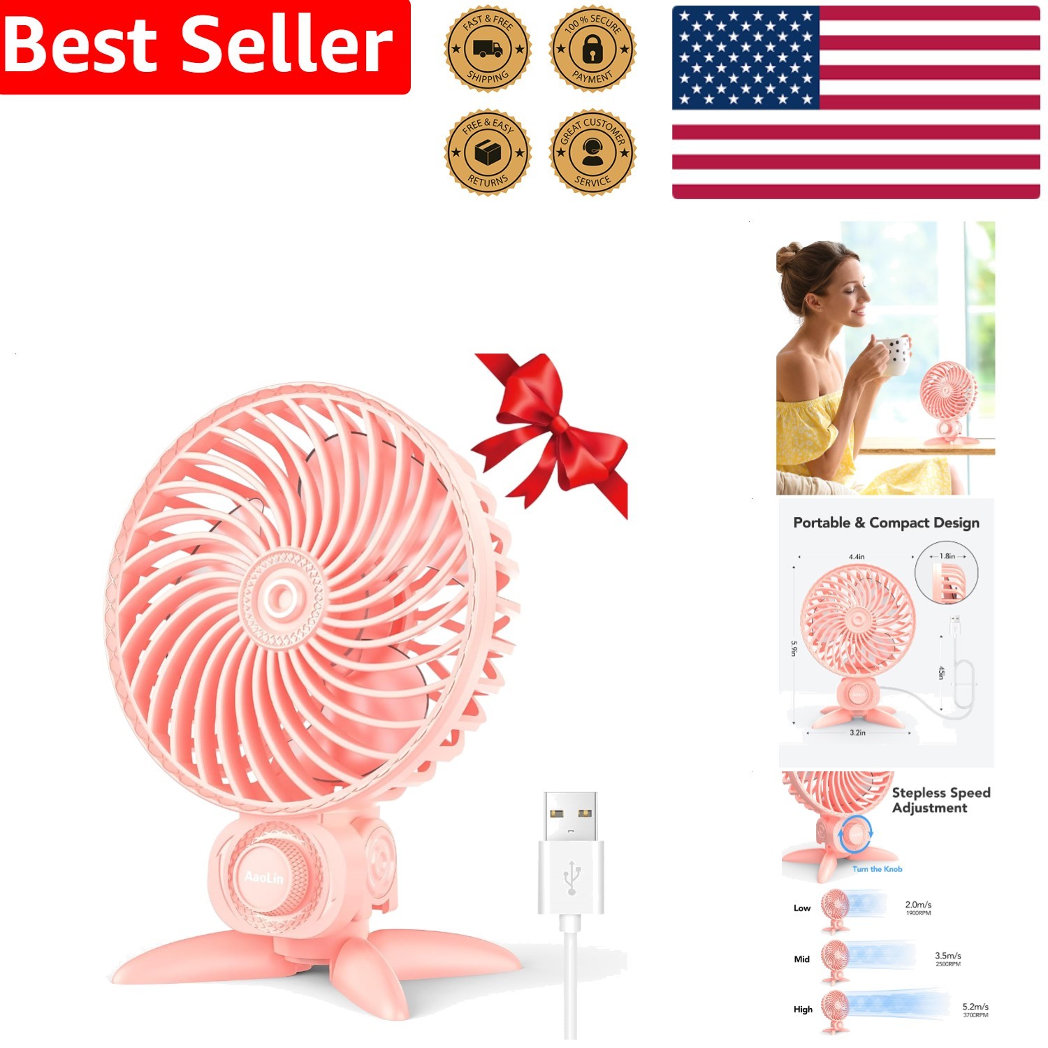 Stepless Speed USB Desk Fan, Pink Mini Portable Personal Cooler, Quiet Airflow gallery