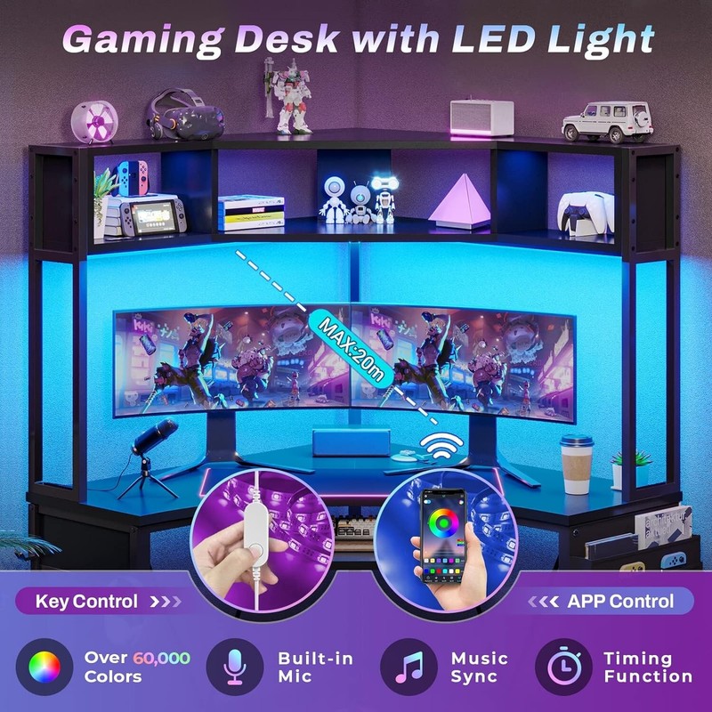 Triangle Corner Computer Desk with Keyboard Tray Home Office Desk w/ LED Lights gallery
