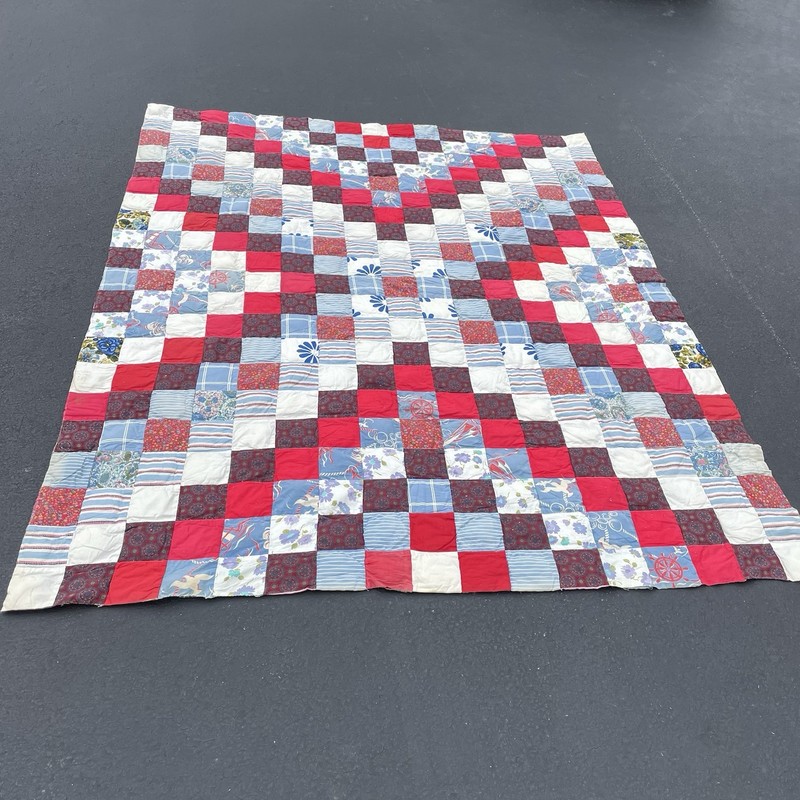 Vintage Patchwork Granny Square Quilt Homemade Reversible 81” x 96” in Antique gallery