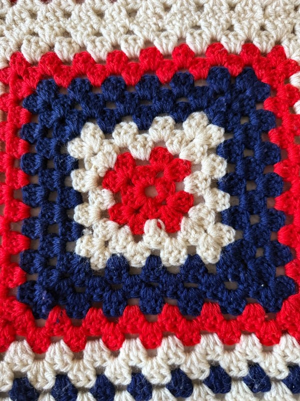 Granny Square Red White & Blue Patriotic Hand Crochet 47x39 Afghan Blanket Vtg gallery