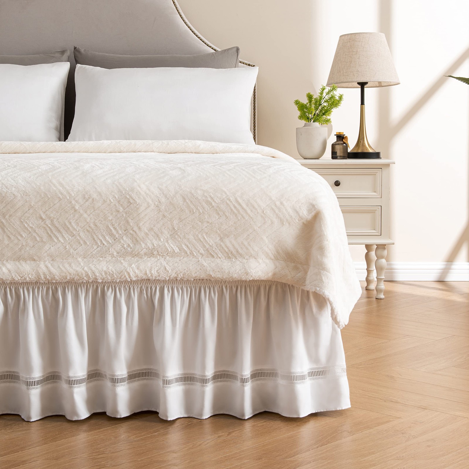 Wrap Around Ruffled Lace Bed Skirt, Elastic Dust Ruffle with Adjustable Belts... gallery