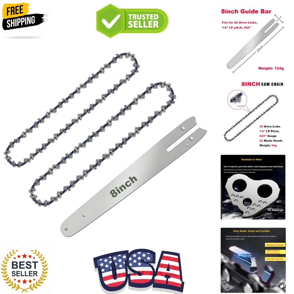 8 Inch Chainsaw Chain Replacement- 2 Chains and 1 Guide Bar for 8 Inch Mini C...
