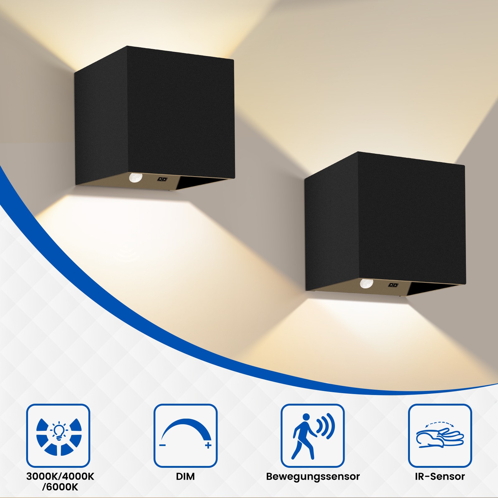 2 Pack Cube LED Wall Lights Indoor 3CCT Dimmable 5VDC Black PIR Modern Lamp gallery