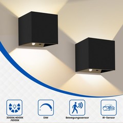 2 Pack Cube LED Wall Lights Indoor 3CCT Dimmable 5VDC Black PIR Modern Lamp