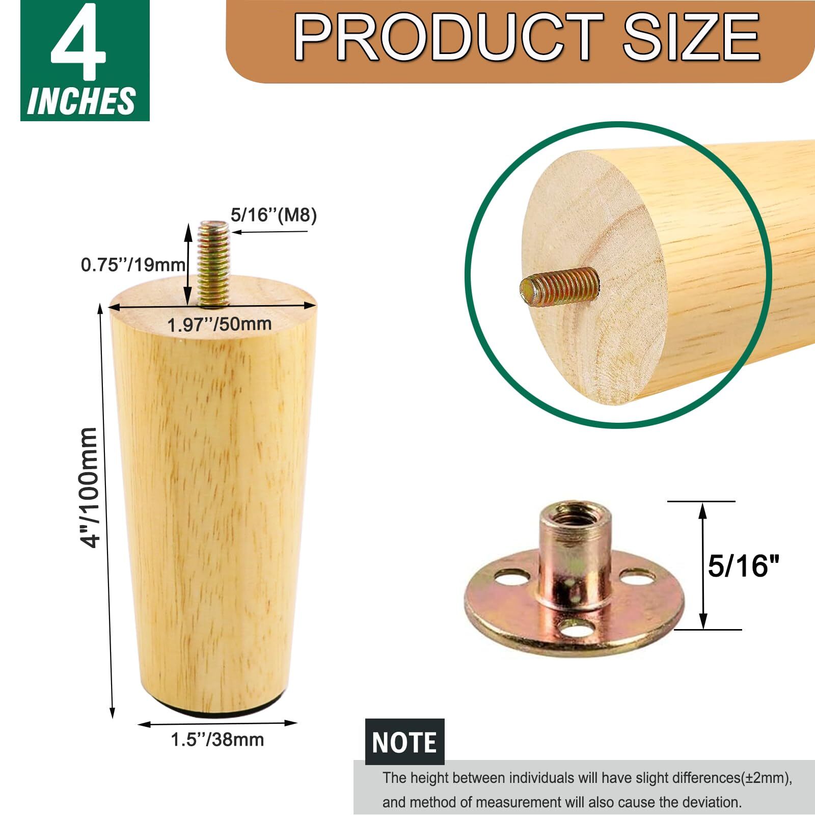 4 Inches Round Solid Wood Furniture Legs Set of 4, Natural Wooden Replacement Fe gallery