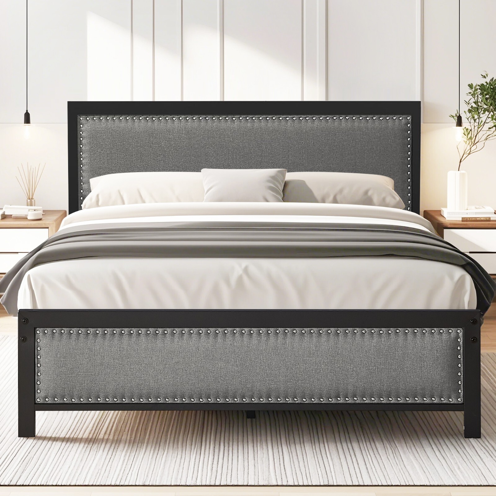 Twin Full Queen Size Bed Frame Metal Platform w/Upholstered Headboard Footboard gallery