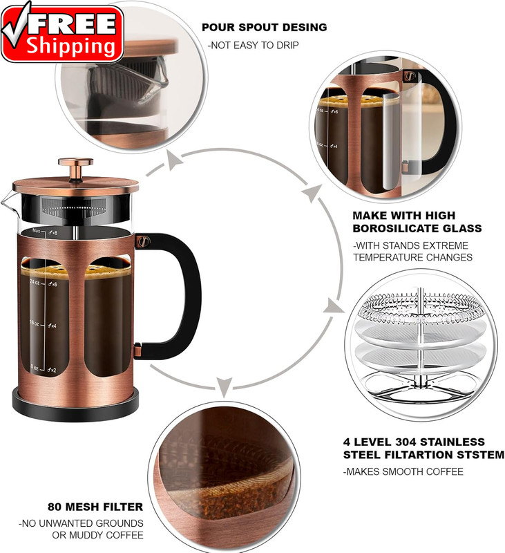 French Press Coffee Maker (34Oz 1Quart 5-6Cup) Coffee Press, with 4 Filters Syst gallery