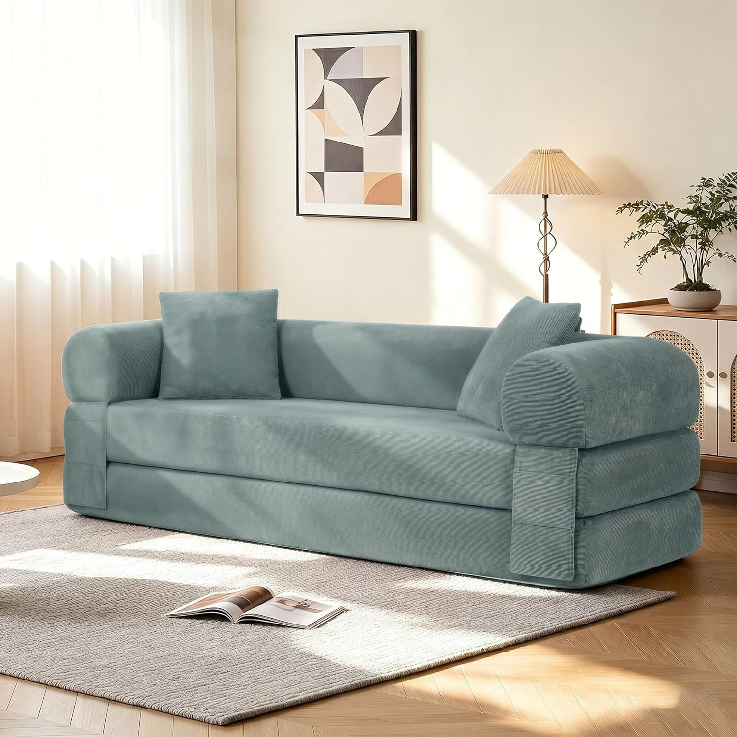 Light Green 80" Convertible Sofa Bed with Storage & Pillows, No Assembly gallery