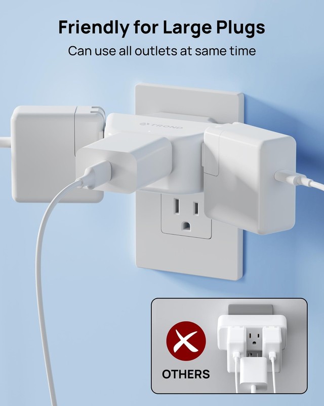 360° Rotating Outlet Extender Adapter, 3 Grounded Sockets, Multi Plug Expander f gallery
