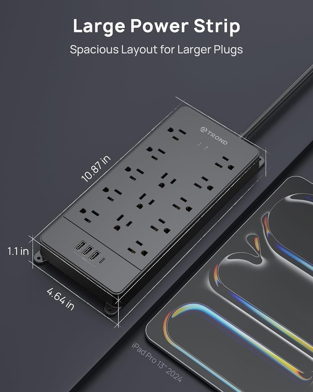 Surge Protector Power Strip, 13 Outlets, USB-C, 10FT Cord, 4000J, Black gallery
