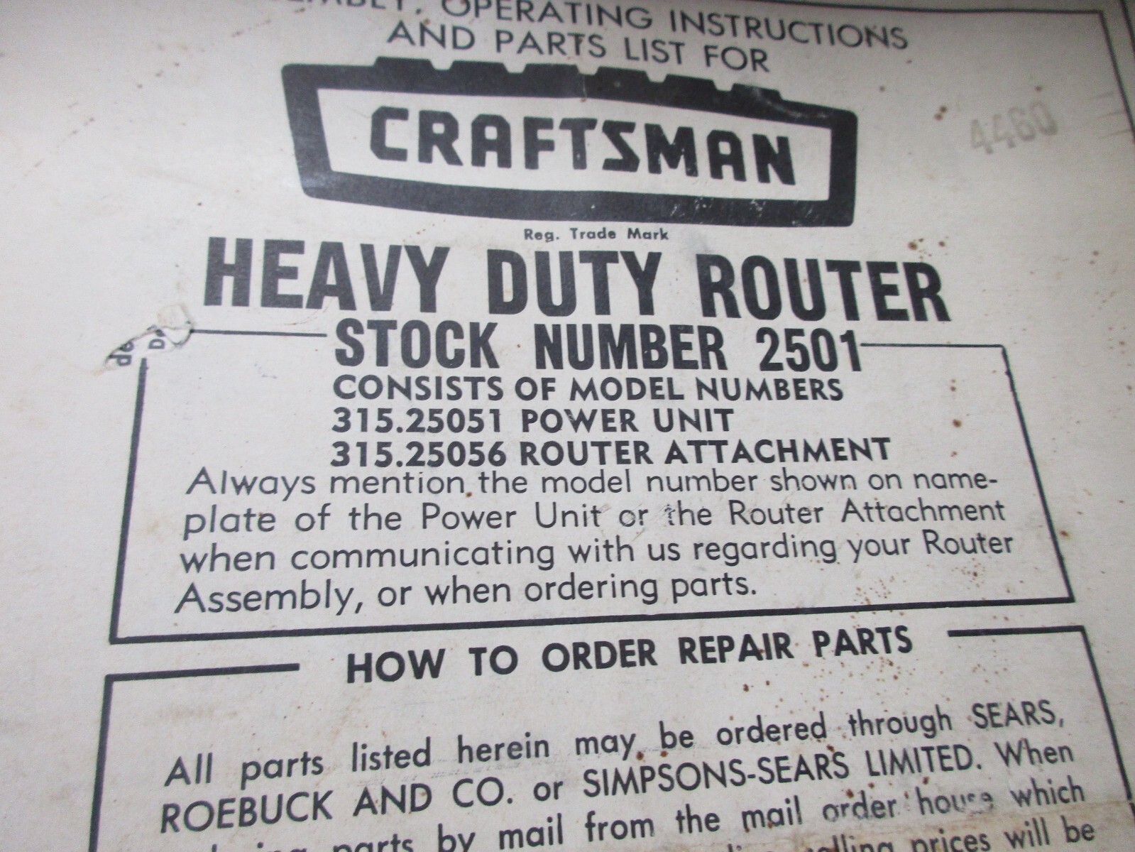 Vintage SEARS CRAFTSMAN Assembly Operating Instructions Parts List Router 2501 gallery