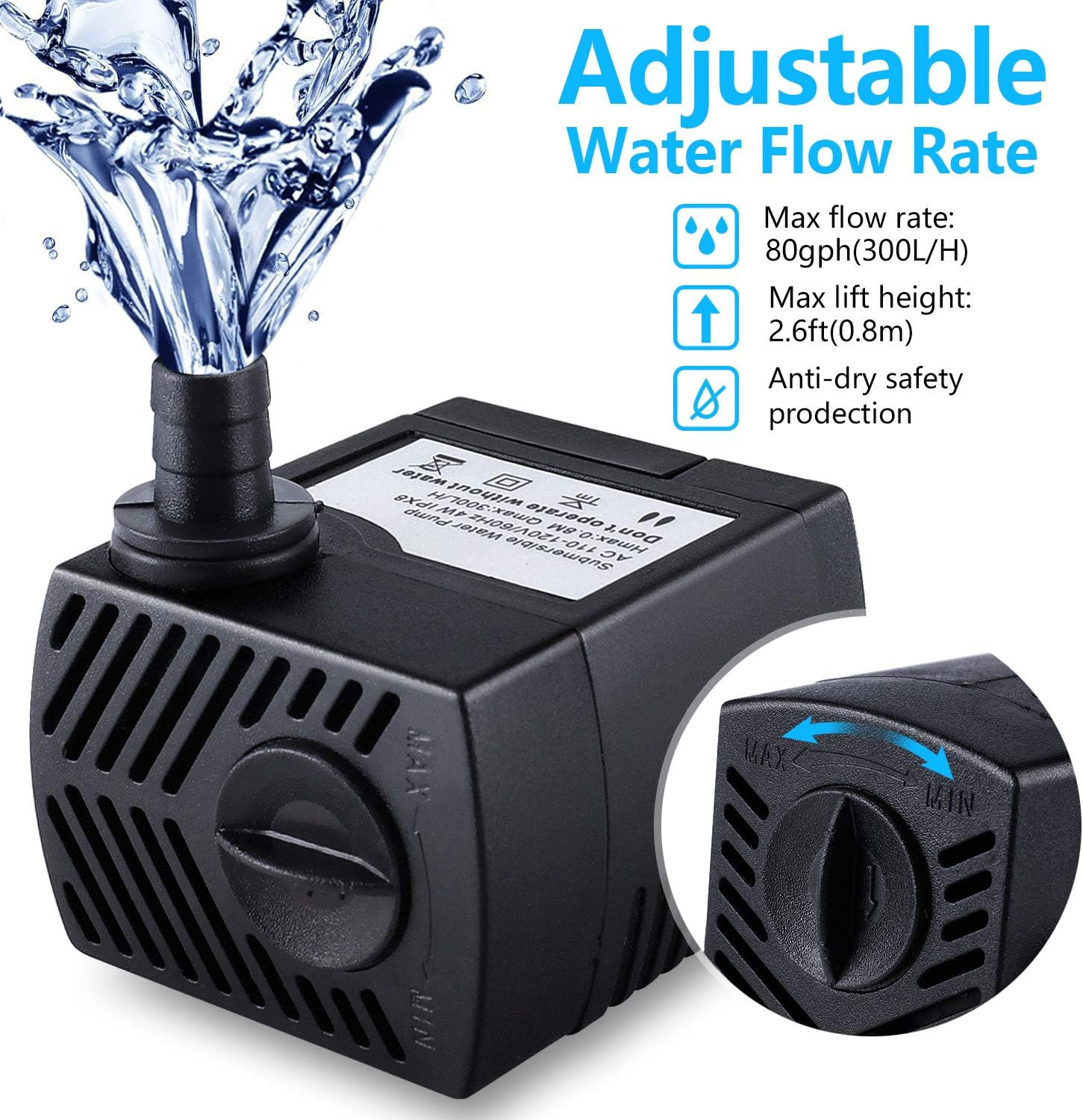 Fountain Pump, 80GPH(4W 300L/H) Submersible Water Pump, Durable Outdoor Fountain gallery