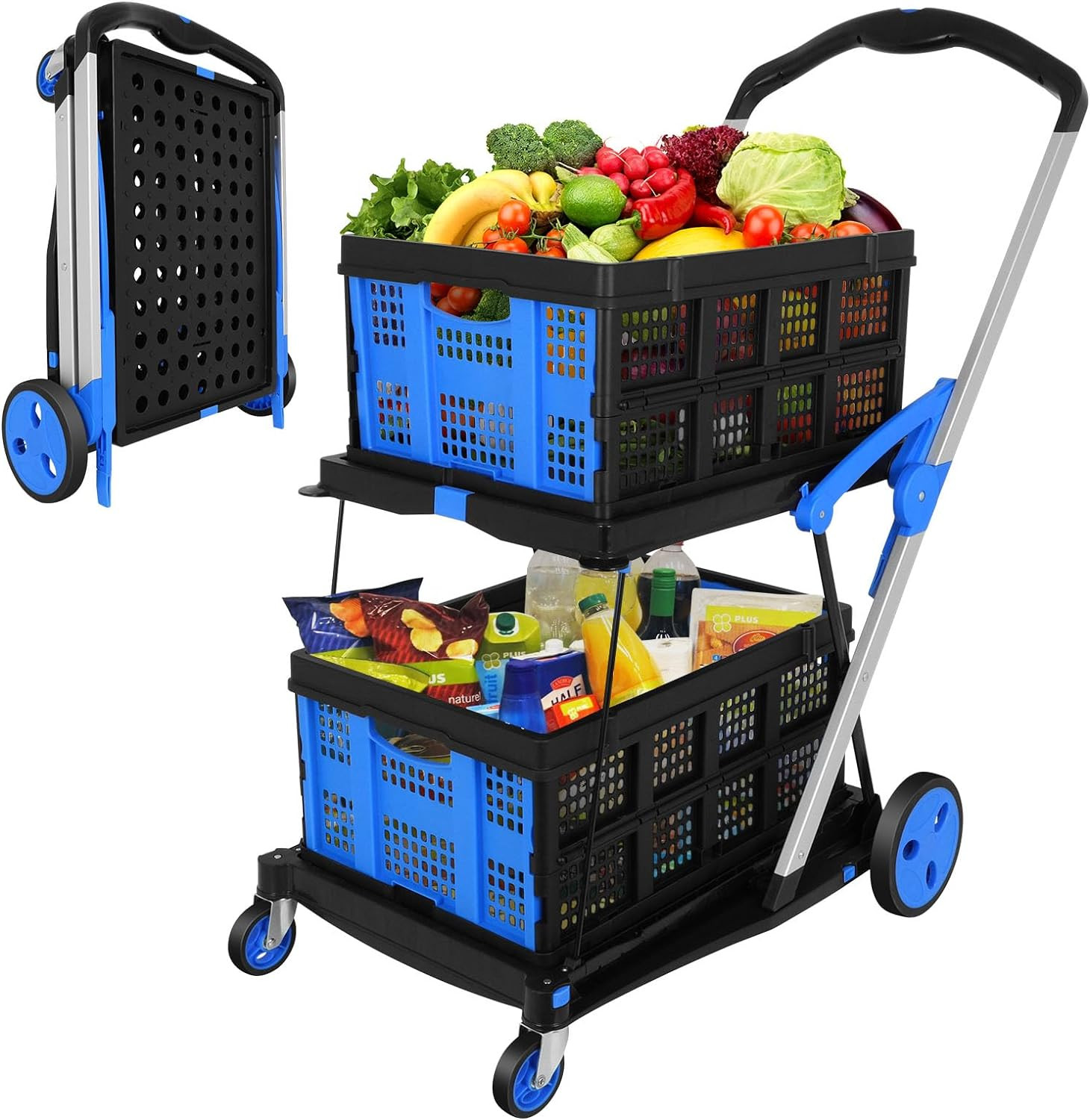 Multifunctional Folding Cart with Wheels,Two Layers Collapsible Utility Cart for gallery
