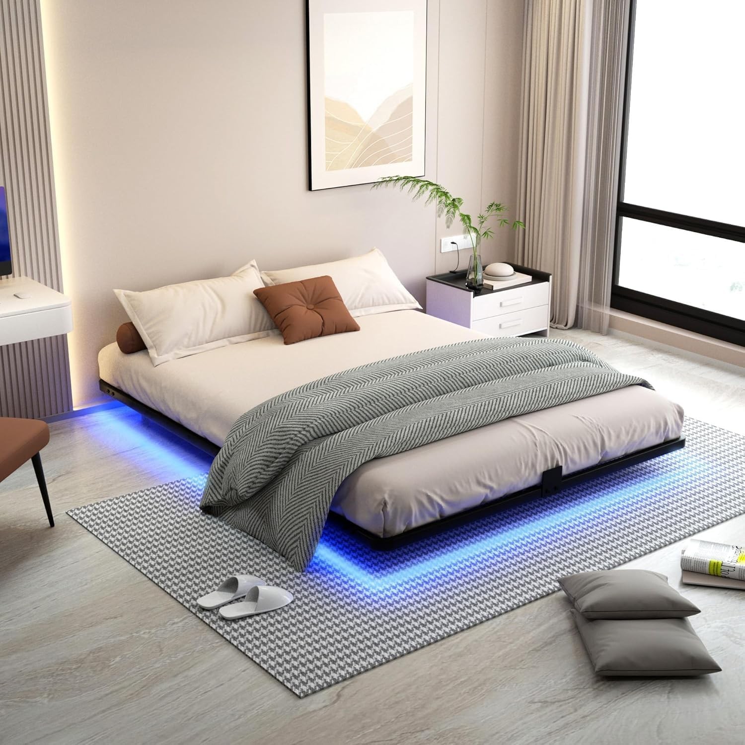 Floating Bed Frame Queen Size with LED Lights Metal Platform Bed No Box Spring N gallery