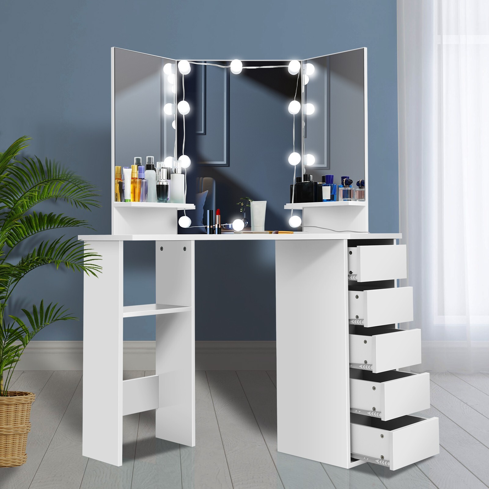 Corner Makeup Vanity Desk w/Mirror&Lights,5Drawers&Storage Shelf for Girls/Women gallery