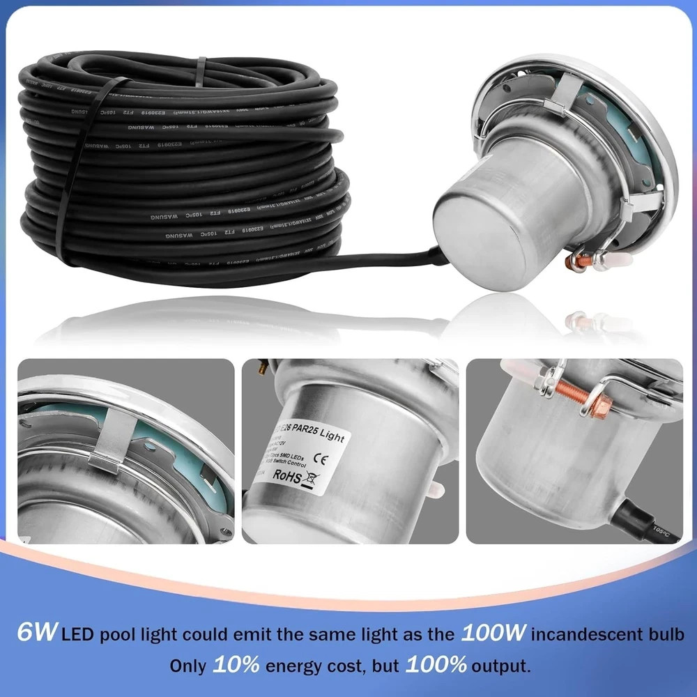 6 Inch LED Spa Lights for Inground Pool, 100FT AC120V 6 Inch White Pool Lights, gallery