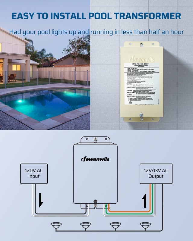 DEWENWILS 100W Pool Light Transformer 12V/13V/14V AC, UL Listed, Multi-tap gallery