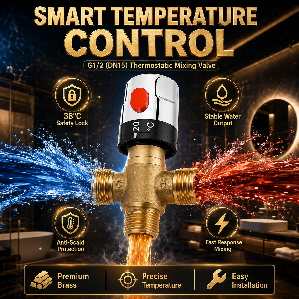 Thermostatic Shower Mixing Valve Hot Cold Water Mixer Control Brass Tap 1/2 NPT gallery