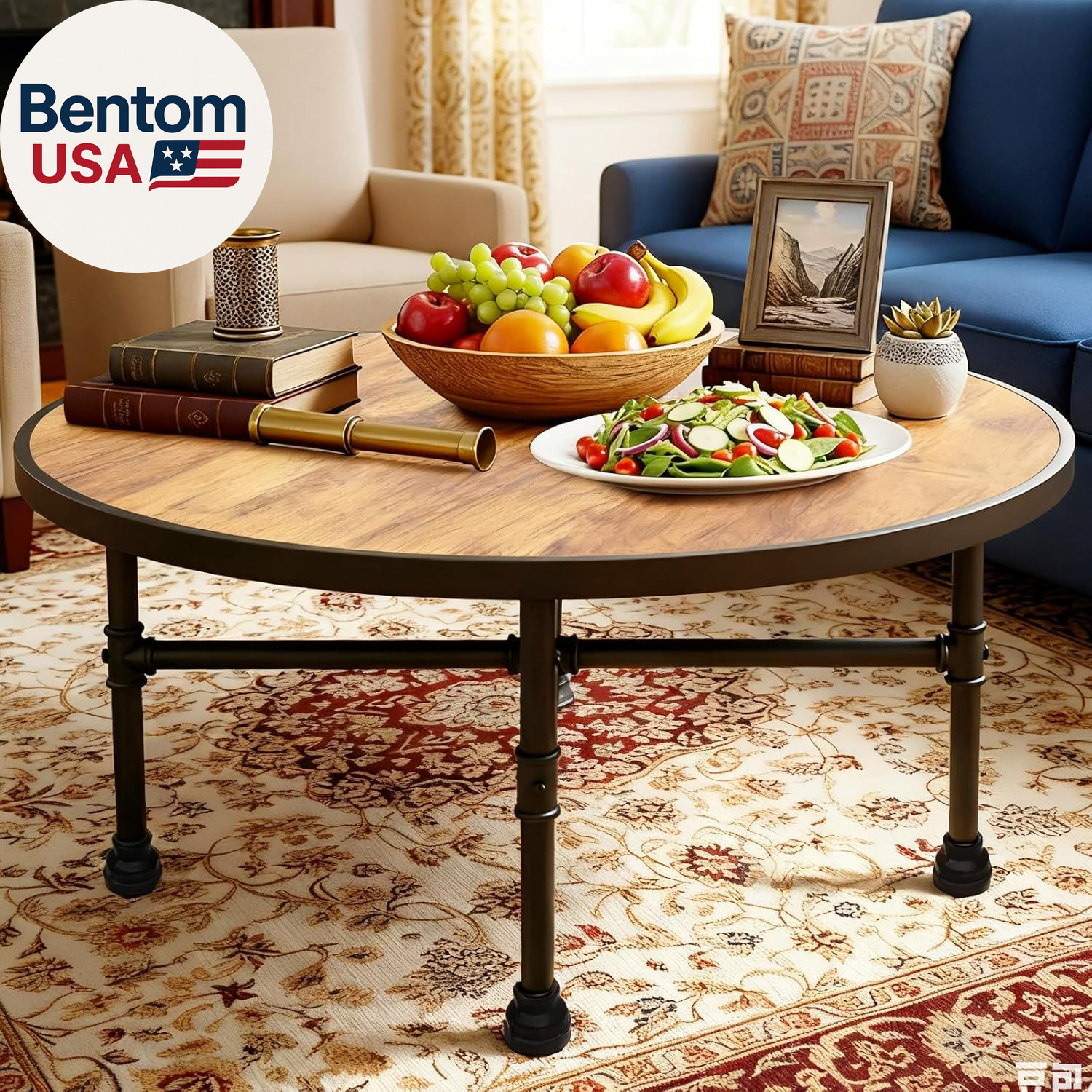 Industrial round Coffee Table, Circle Wood Pottery Barn Coffee Table with Heavy gallery