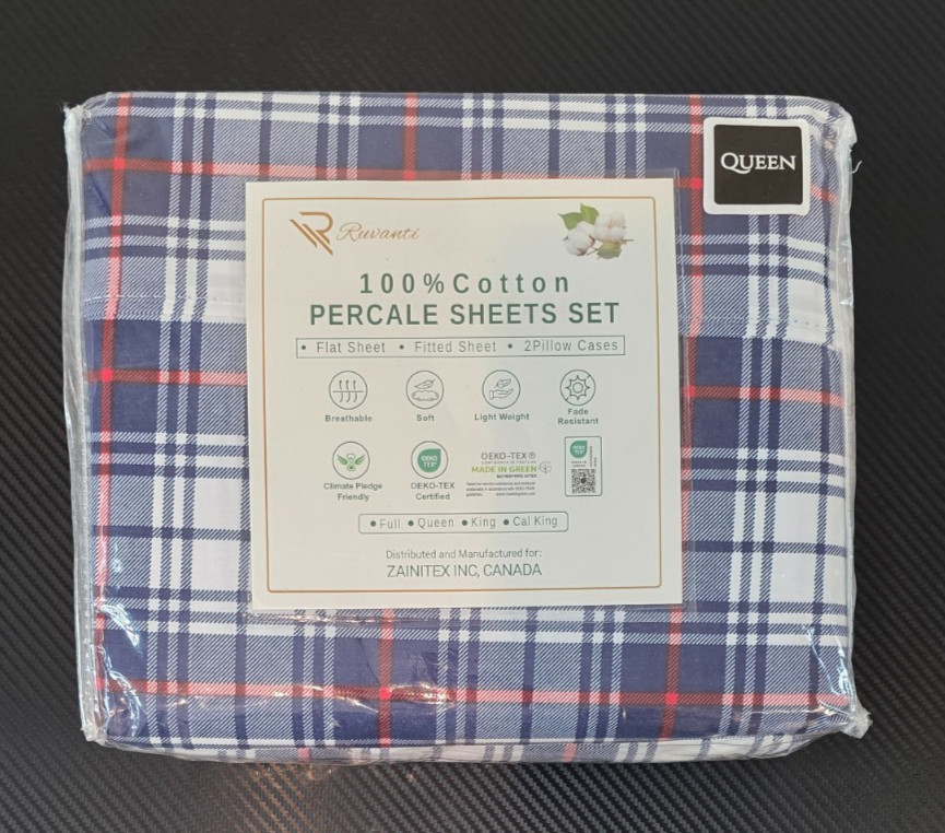 Ruvanti 100% Cotton Percale Sheets Set Queen Size 4 Piece Prussian Plaid gallery