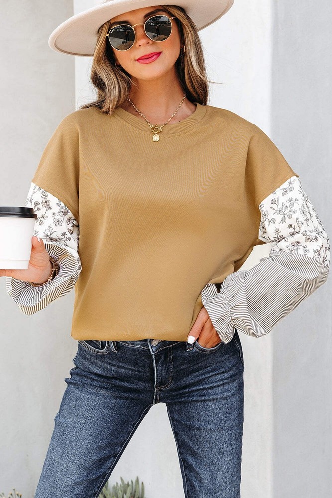 Camel Floral Striped Patchwork Ruffled Sleeve Crew Neck Sweatshirt