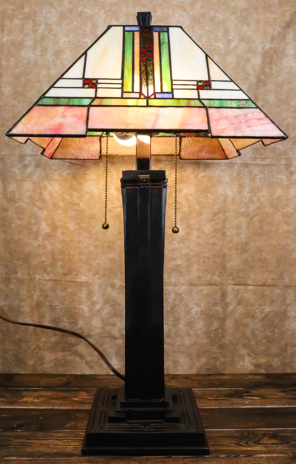 Frank Lloyd Wright Mission Style Pyramid Translucent Glass Side Table Lamp Decor gallery