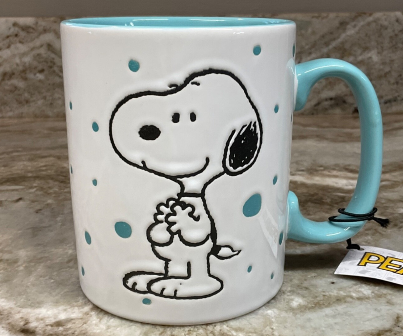 Large Coffee Mug Peanuts SNOOPY With Dots Light Blue Freckled Joy. 15 oz. New. gallery