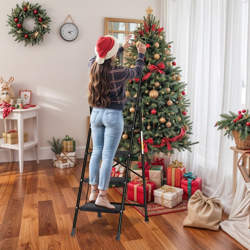4 Step Ladder with Tool Platform Anti-Slip Sturdy & Wide Pedal Stool 330lb Black gallery