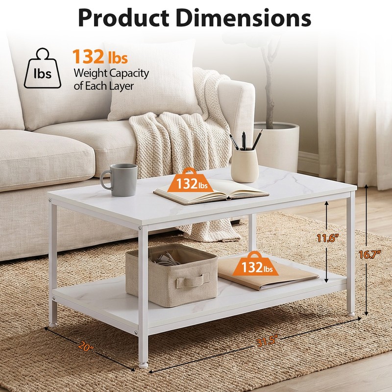 31'' Rectangle White Coffee Table with Storage Shelf Metal Feet for Living Room gallery