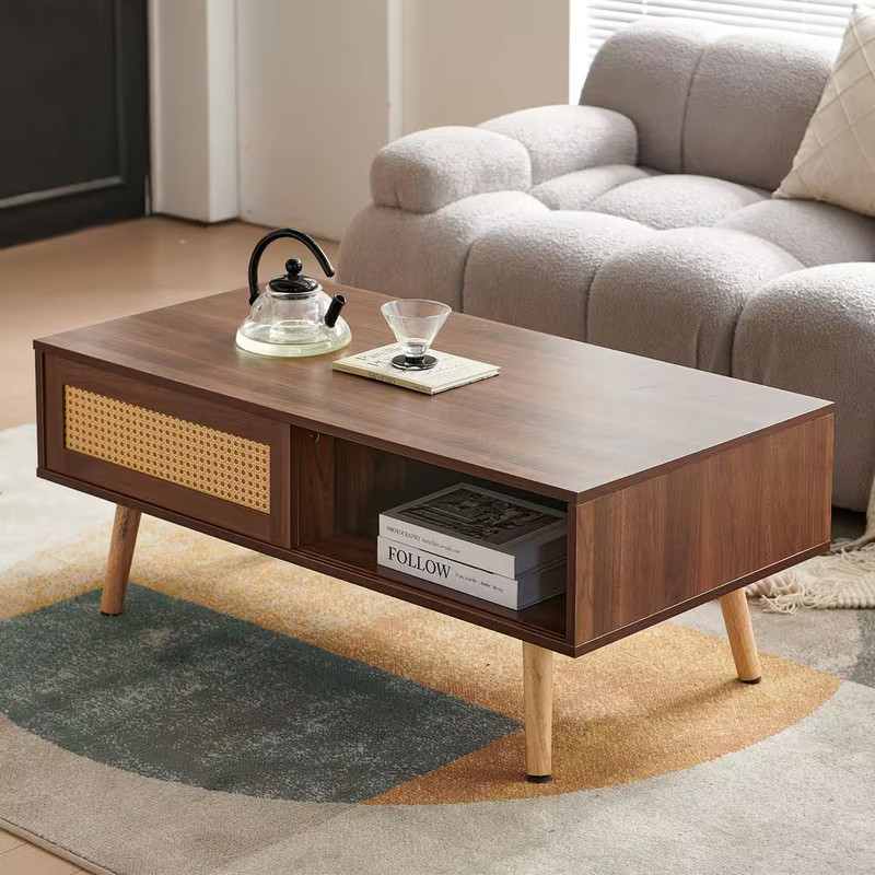 41In. Walnut Rectangle MDF Coffee Table with Rattan Door Storage and Solid Wood gallery
