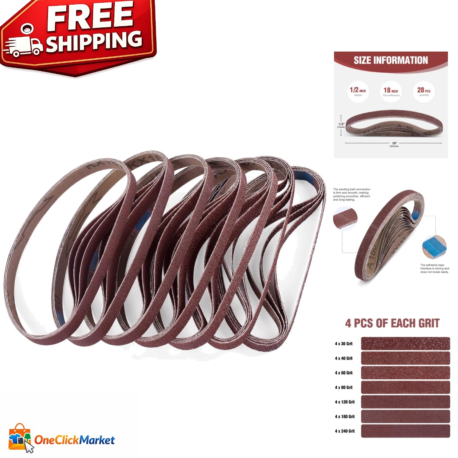 1/2x18 Inch Sanding Belt Set - 28 Durable Aluminum Oxide Belts for Wood & Metal gallery