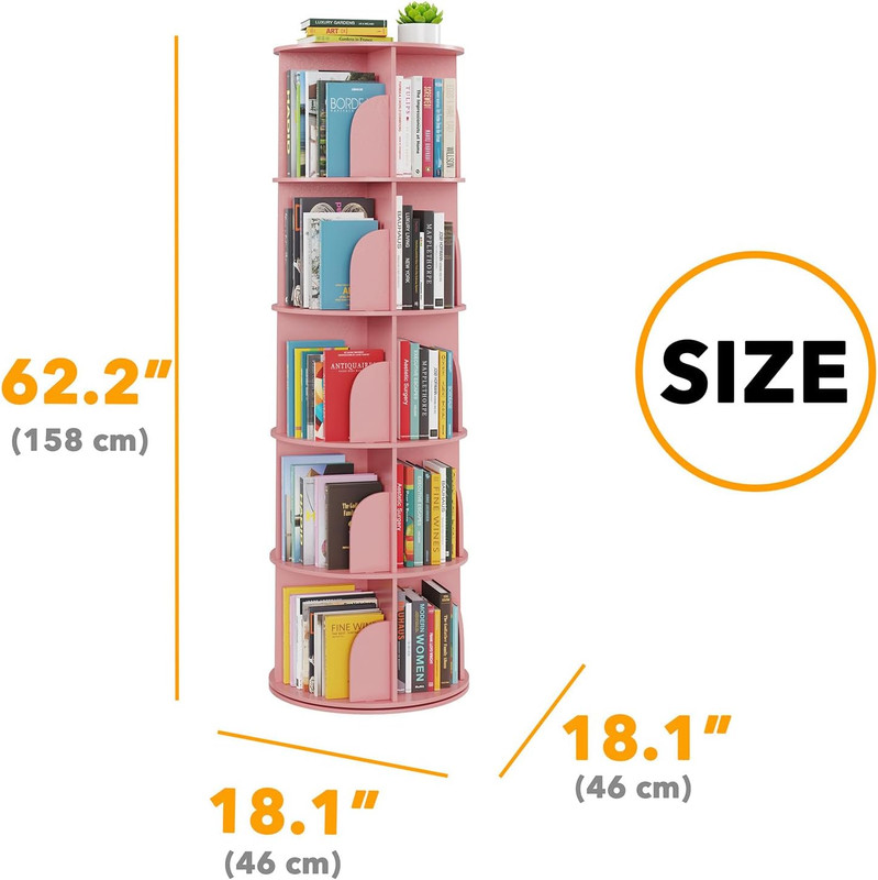 Pink 5-Tier Rotating Bookshelf Tower - 360° Spinning Bookcase Organizer gallery