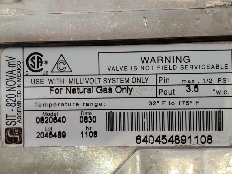 SIT OP Millivolt Natural Gas Control Valve 0820640 Fireplace Logs gallery