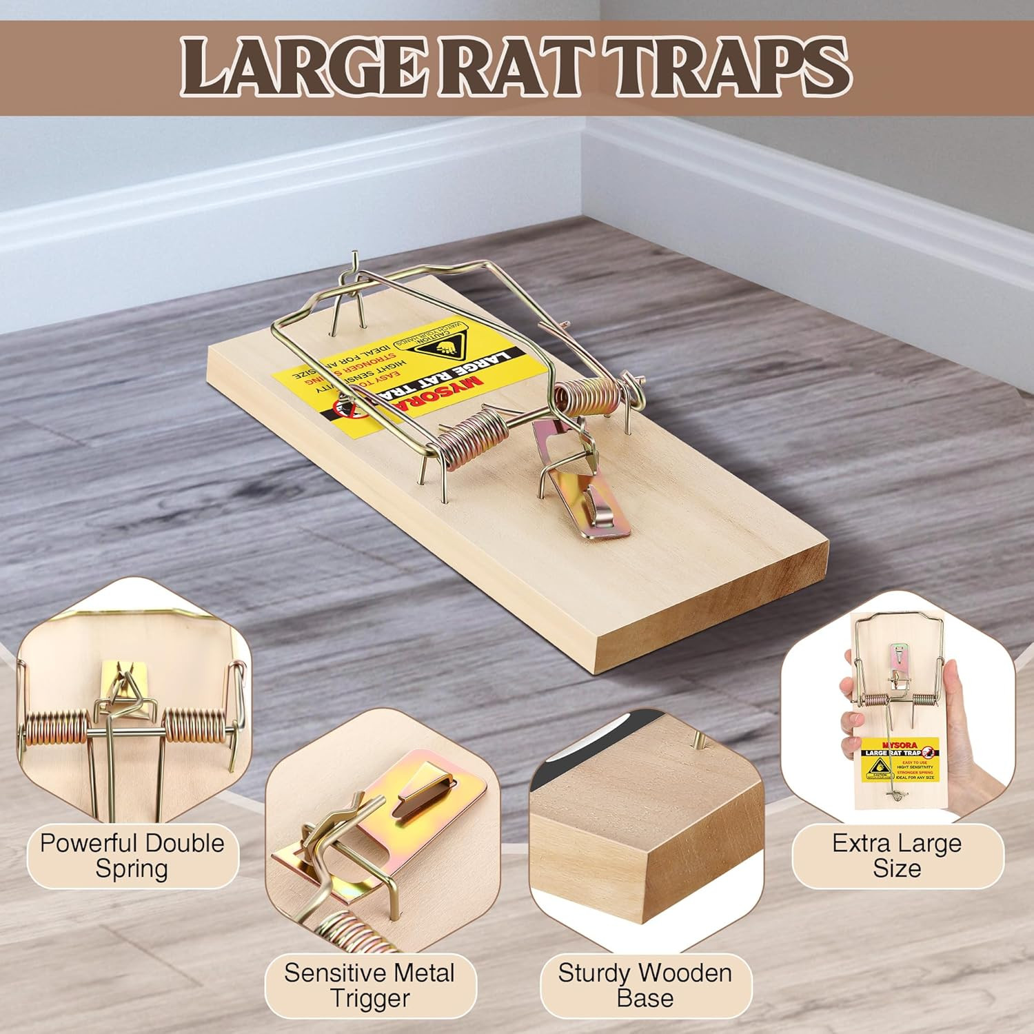 3 Pack Large Wooden Mouse Traps, Heavy Duty Rat Snap Traps with Metal Pedal, Stu gallery